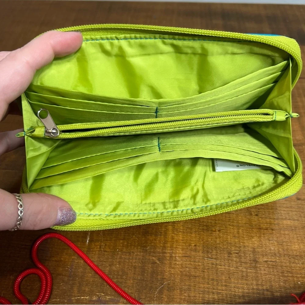 Travelon turquoise and lime zip around medium rfid wallet